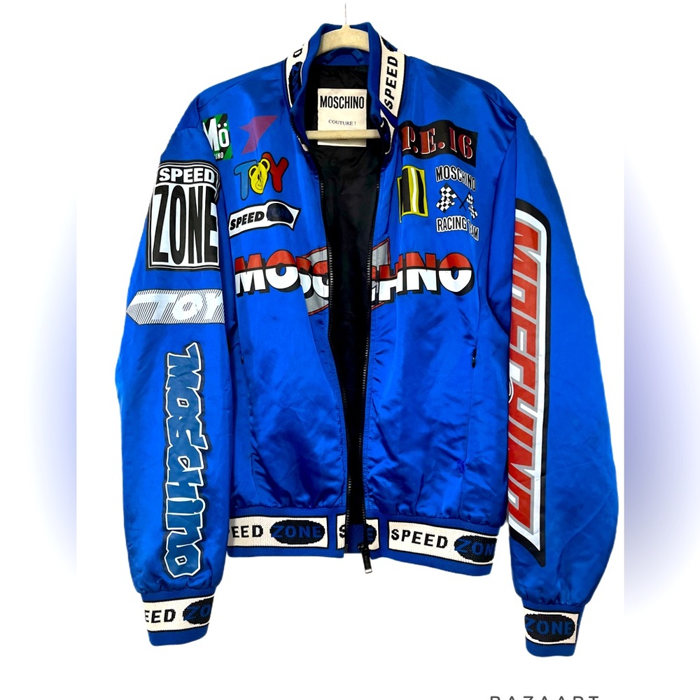 Moschino Blue Racing Logo Bomber Jacket
